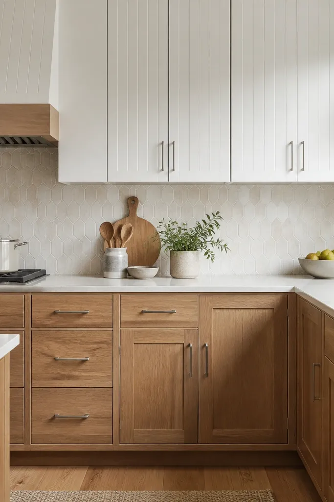 Beadboard-style white upper cabinets with small vertical ridges, paired with oak shaker base cabinets. The backsplash is white and beige ceramic with a subtle pattern. The pulls are brushed nickel and the countertop is a light stone.