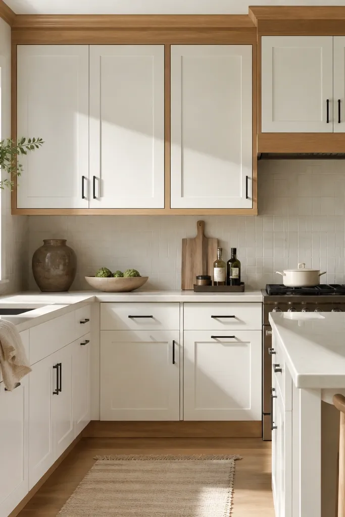 White cabinets with oak trim around the uppers and oak crown molding on top. The base cabinets are white, but the toe-kick trim is oak. Hardware is matte black.