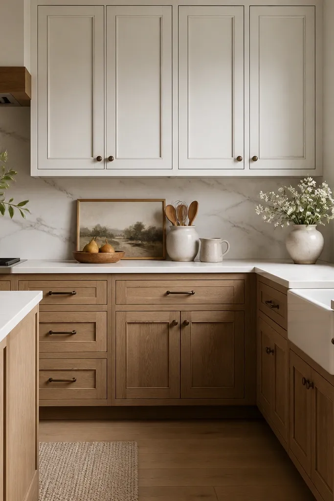 Mostly oak shaker cabinets on the lower level, with upper cabinets painted white and glazed in a light gray wash. The glazing sits in the panel recesses. The countertop is white with warm undertones and the hardware is aged bronze.