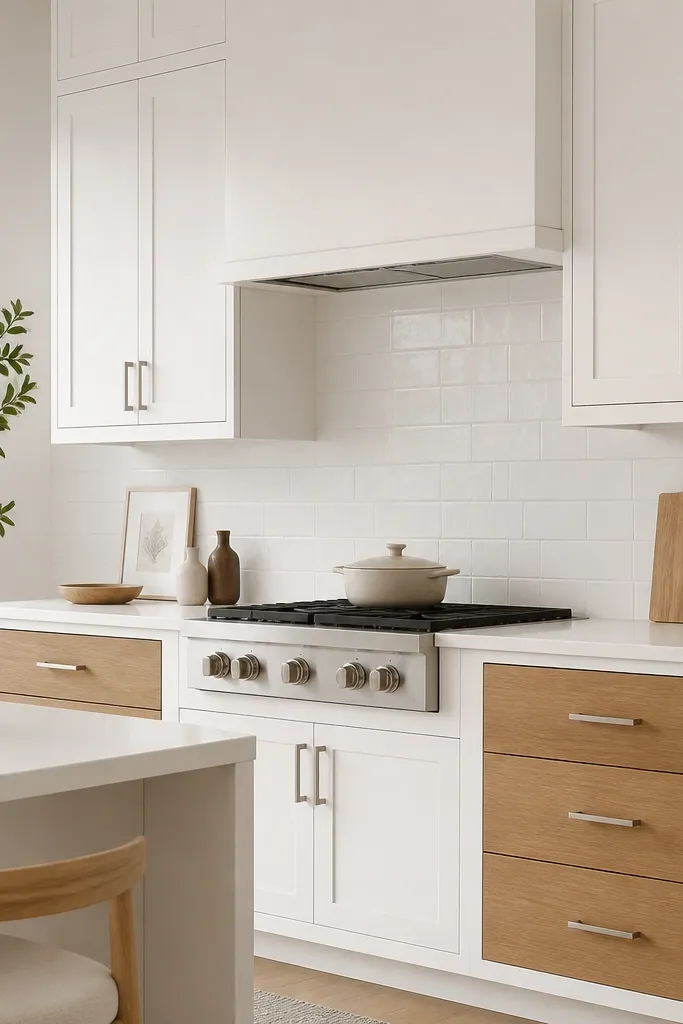 All cabinets are white, but the drawer fronts on the lower cabinets are oak. The doors remain white, and the drawer pulls are brushed nickel. The backsplash is simple white tile.