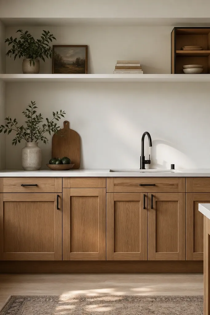 Oak base cabinets with shaker doors and a white open shelf ledge running under the upper soffit. There are no full upper cabinets above, just a white shelf and a few framed shelves. The hardware is matte black.
