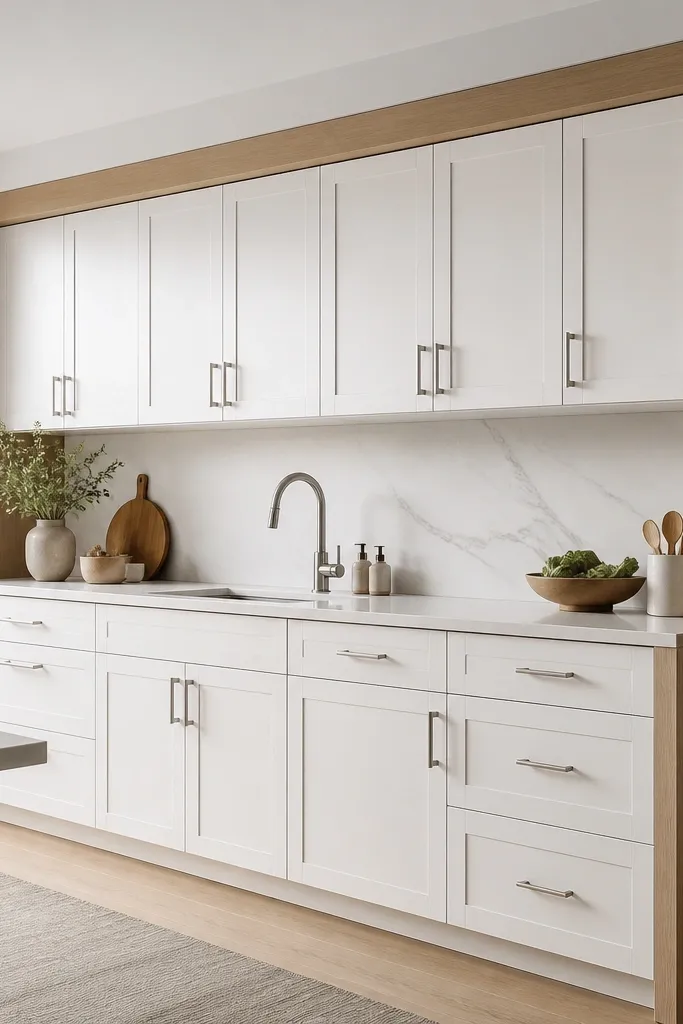 White cabinets with oak end panels on both sides of the run. The oak appears only on the vertical ends and a small band near the top. Hardware is brushed nickel.