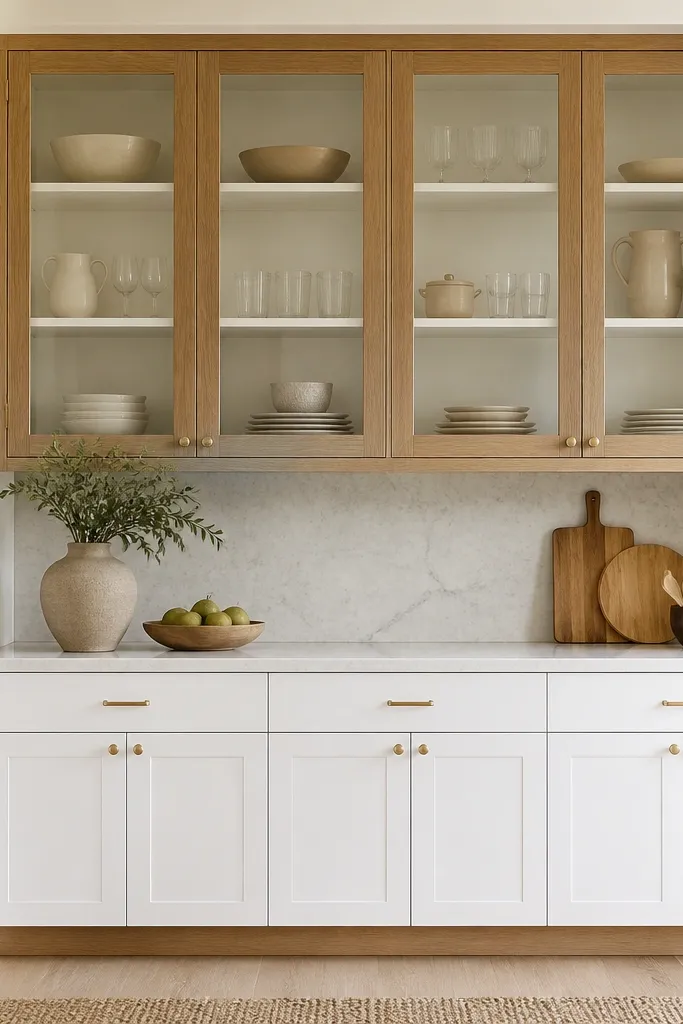 Oak cabinets with glass fronts on the upper level. The interior backing behind the glass is white. The lower cabinets are closed white with oak base trim. The hardware is brushed brass.