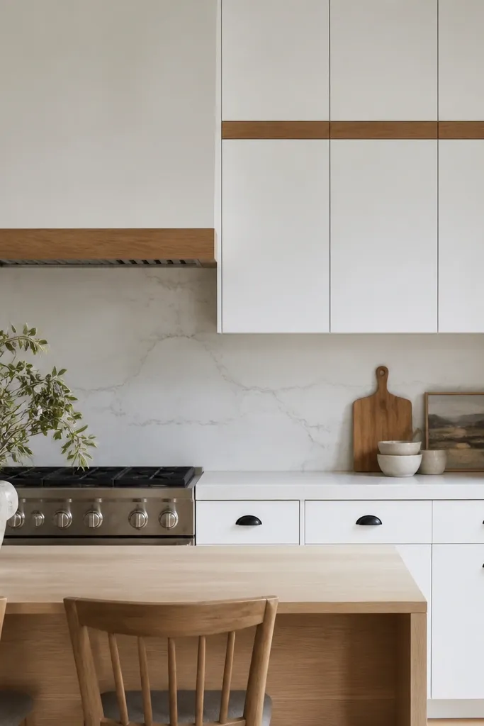 Modern white slab cabinet doors with horizontal oak rails running across the upper cabinet faces. There's an oak valance under the range hood. The hardware is minimal, with black cup pulls.