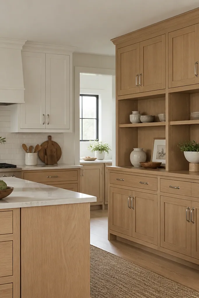 A kitchen with white upper cabinets and oak base cabinets. One wall has a light oak hutch unit with open shelves and closed cabinets above. The hutch has simple trim and brushed nickel pulls.