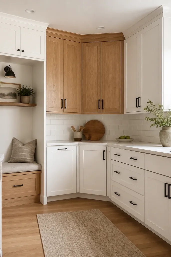 A corner kitchen setup where the corner cabinets are oak with diagonal doors, while the rest of the cabinetry is white. There's a small oak bench in the nook with a cushion. The hardware is matte black.