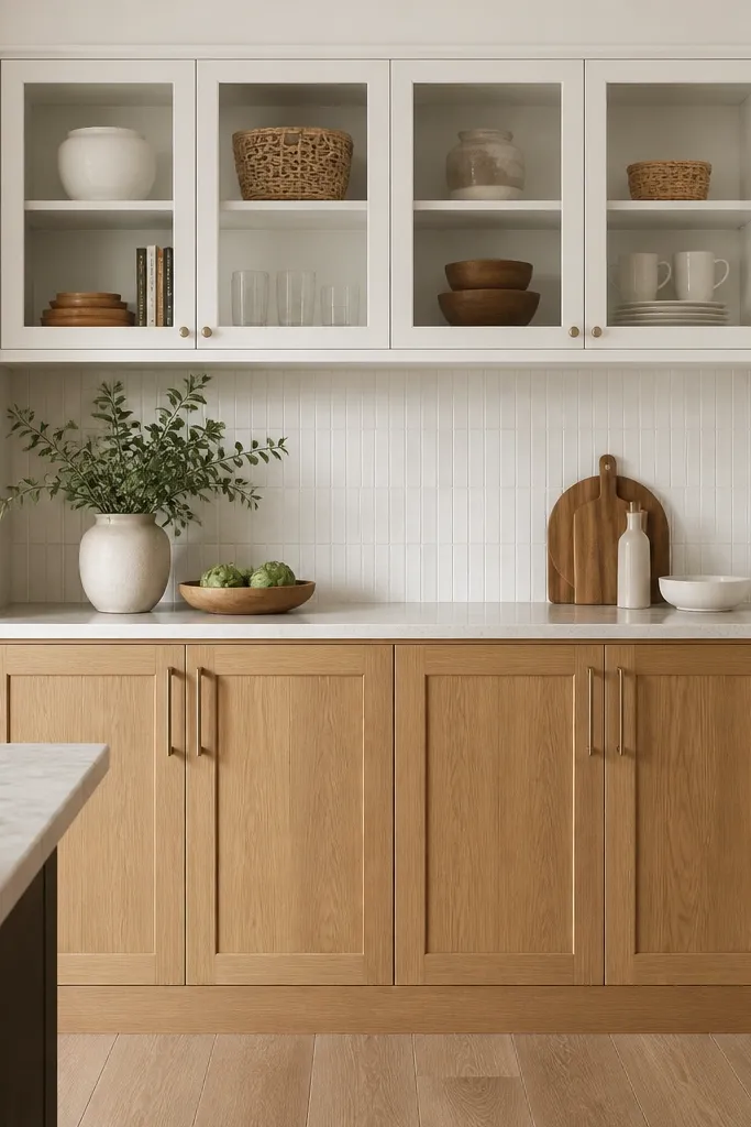 A kitchen where the pantry base is oak with shaker doors. Above the pantry are white cabinets with open glass panels or open cubbies. The countertop is a light stone, and the backsplash is white with subtle texture.
