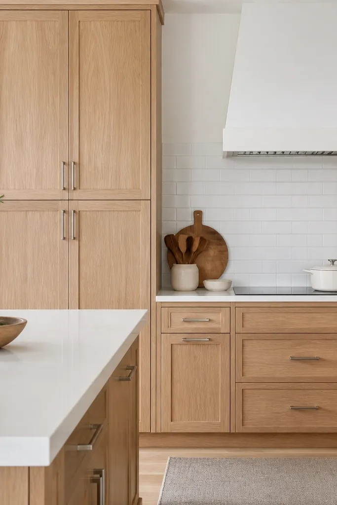 A kitchen with tall white oak cabinet doors in a clear, neutral finish, paired with bright white quartz countertops and a simple subway tile backsplash. Hardware is brushed nickel, and the cabinet grain shows tight cathedral lines across the doors.