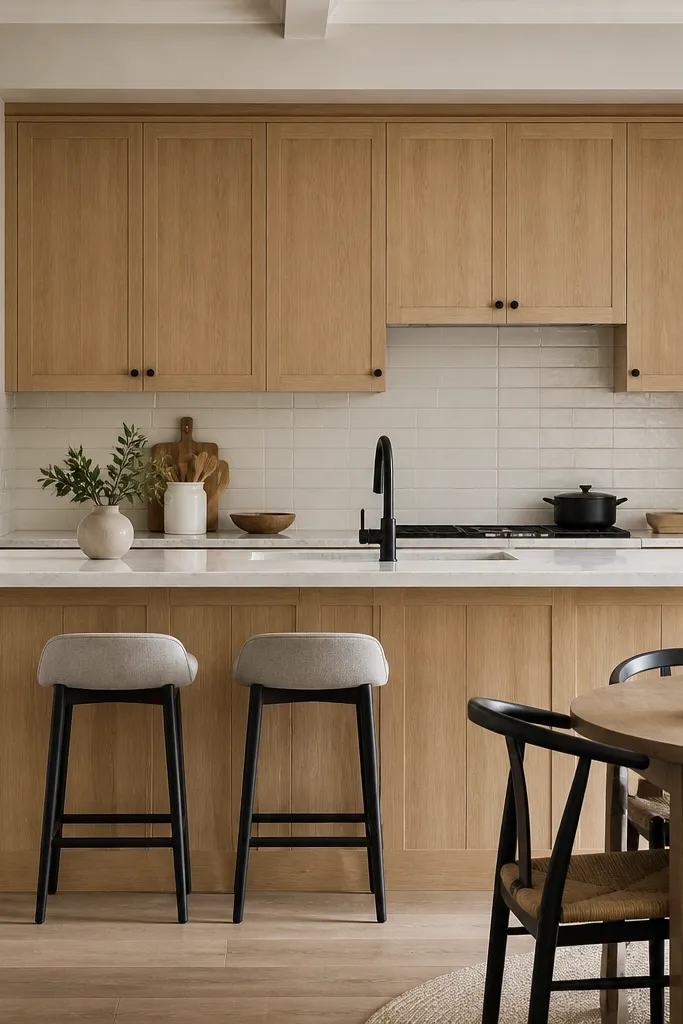 Upper cabinets in quarter sawn white oak with a satin sheen, walls painted a soft greige, and a dining-adjacent breakfast bar showing matching oak panels. Hardware is matte black, and the backsplash is warm white tile.