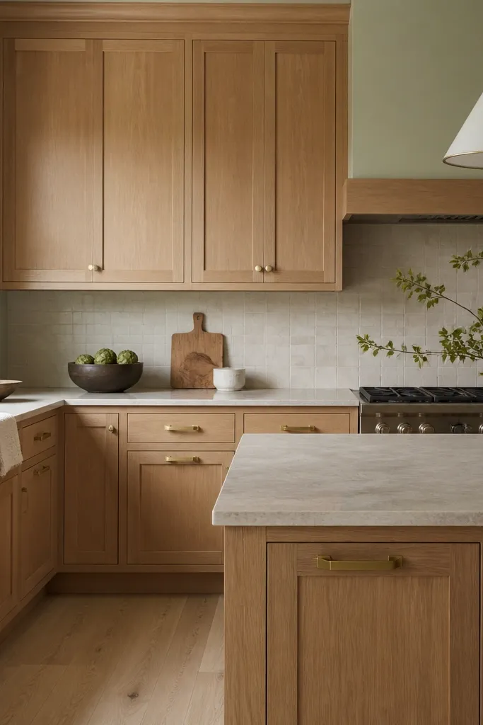 Quarter sawn white oak cabinets in a neutral clear finish, walls painted muted sage, and brushed brass pulls. A light cream tile backsplash and a pale oak-toned floor create a soft, grounded look.