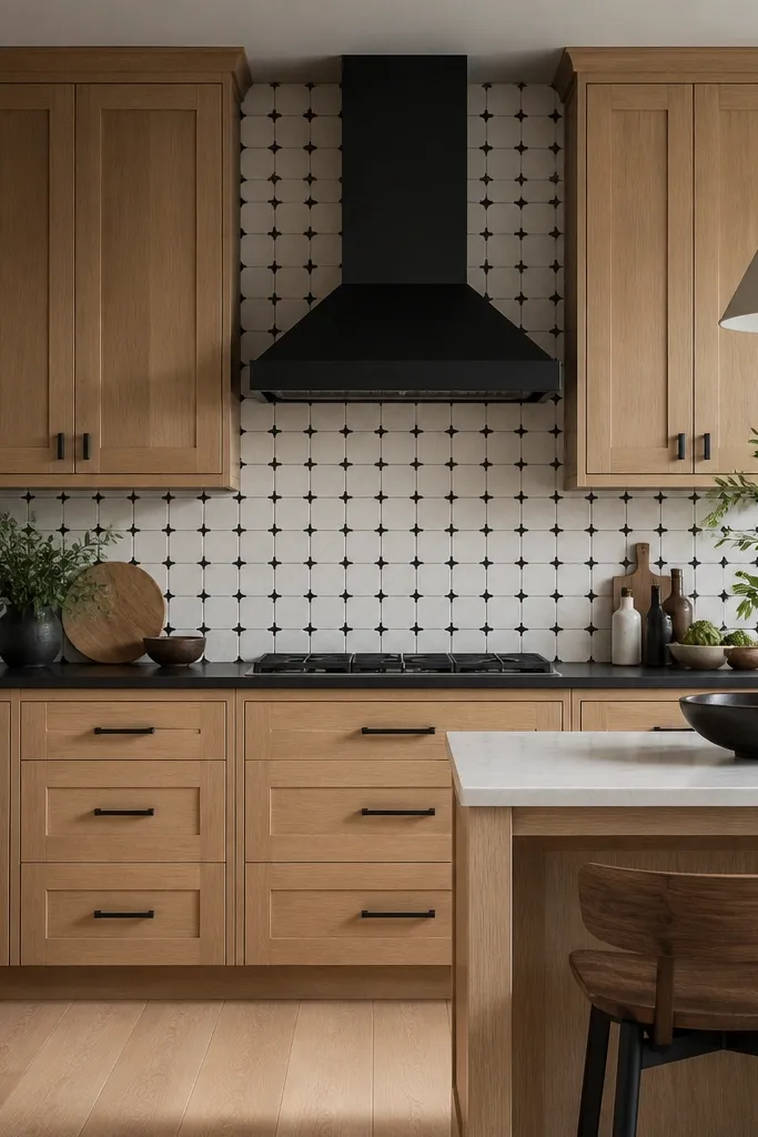 Shaker-style quarter sawn white oak cabinets with clean square rails and stiles, matte black hardware, and a black-and-white backsplash. A black range hood sits above the cooktop.