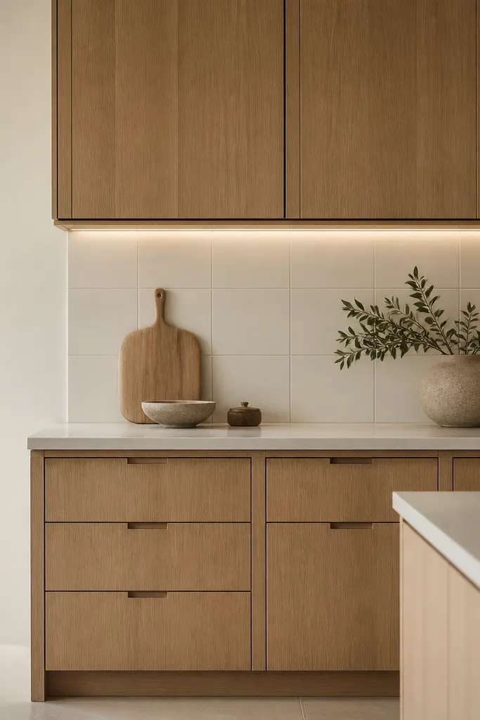 Quarter sawn white oak cabinets with minimal hardware, an off-white backsplash made of large tiles with thin grout lines, and warm under-cabinet lighting. The counters are a light stone color.