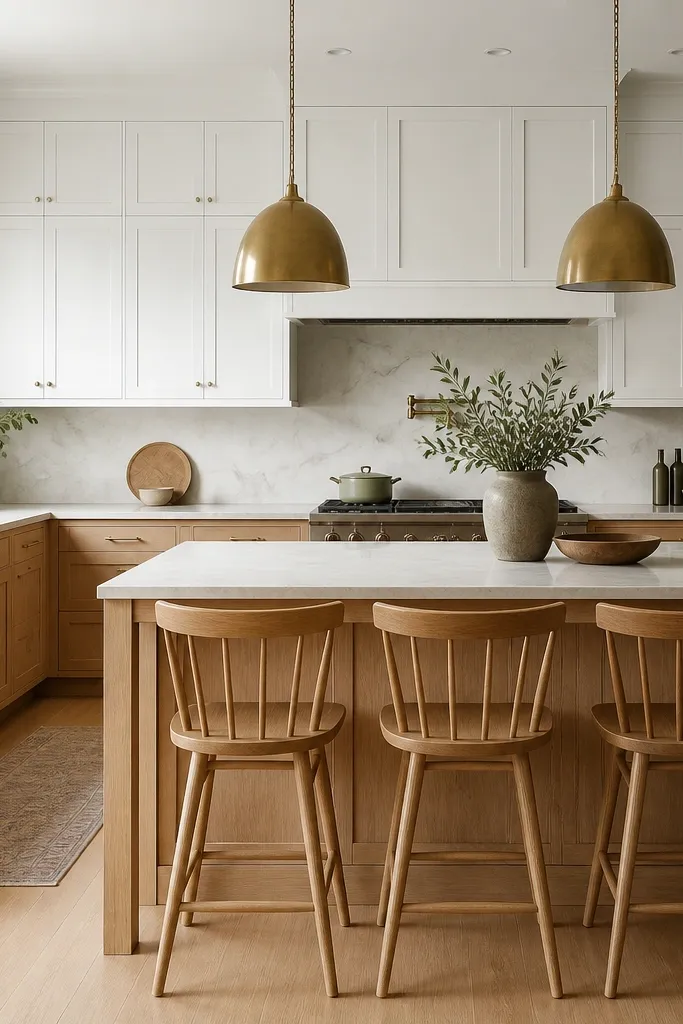 Lower cabinets are quarter sawn white oak with a clear neutral finish, upper cabinets are crisp white, and the island matches the oak base. Brass pendant lights hang over a dining island.