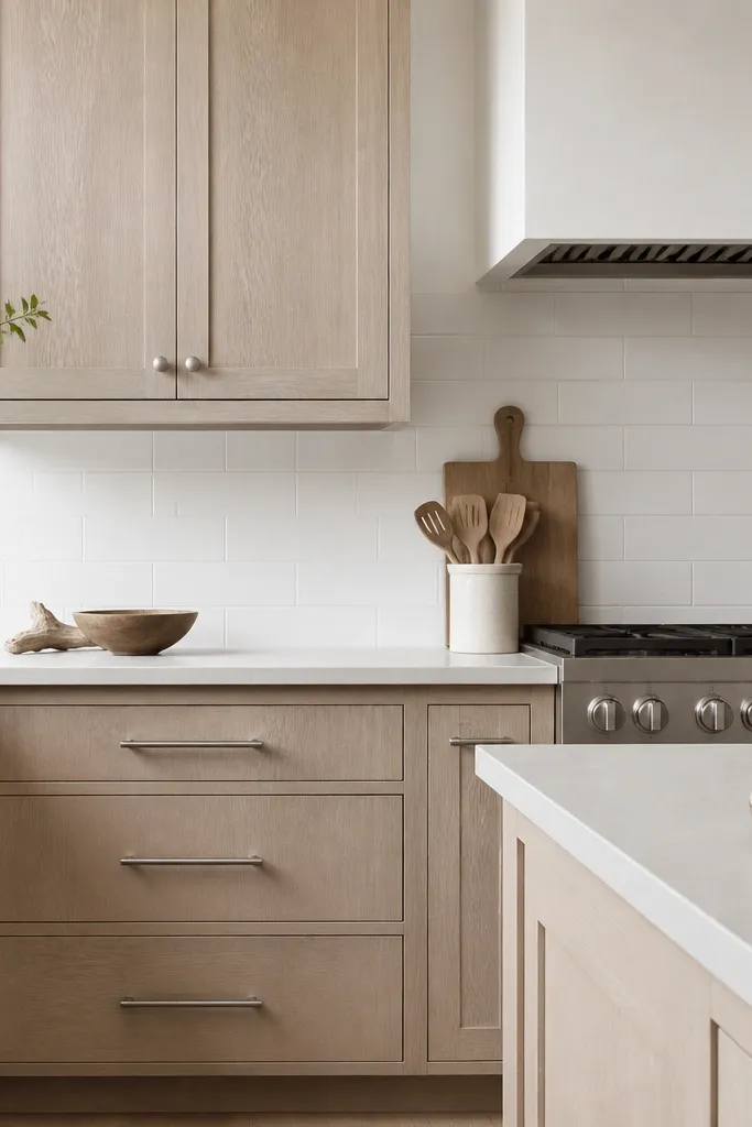 Quarter sawn white oak cabinets with a very light driftwood stain, showing pale gray-brown grain lines. The backsplash is white, and the hardware is brushed nickel.