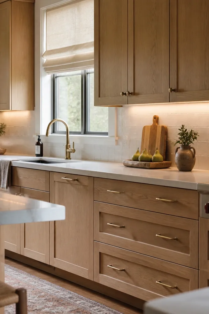 Quarter sawn white oak cabinets with a natural finish and satin sheen, warm under-cabinet lights, and linen roman shades. The backsplash is soft white tile with subtle texture.