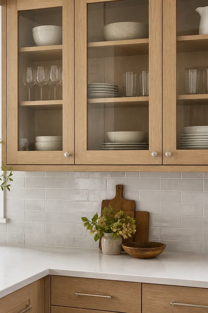 Upper glass-front cabinets with quarter sawn white oak frames, clear glass, and visible shelving. The kitchen has white counters and a soft gray backsplash, with brushed nickel hardware.