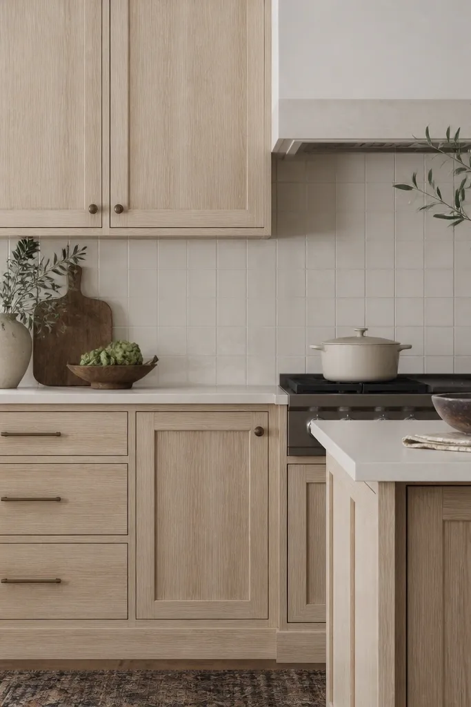 Quarter sawn white oak shaker cabinets with a light white glaze that slightly darkens the grain lines. The backsplash is warm white, and the hardware is aged bronze.