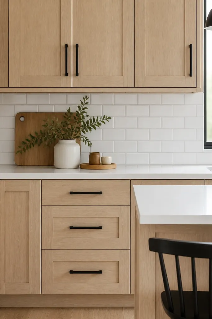 Quarter sawn white oak cabinets stained very light, matte black bar pulls, and a classic white subway tile backsplash. The countertops are a bright white solid surface.