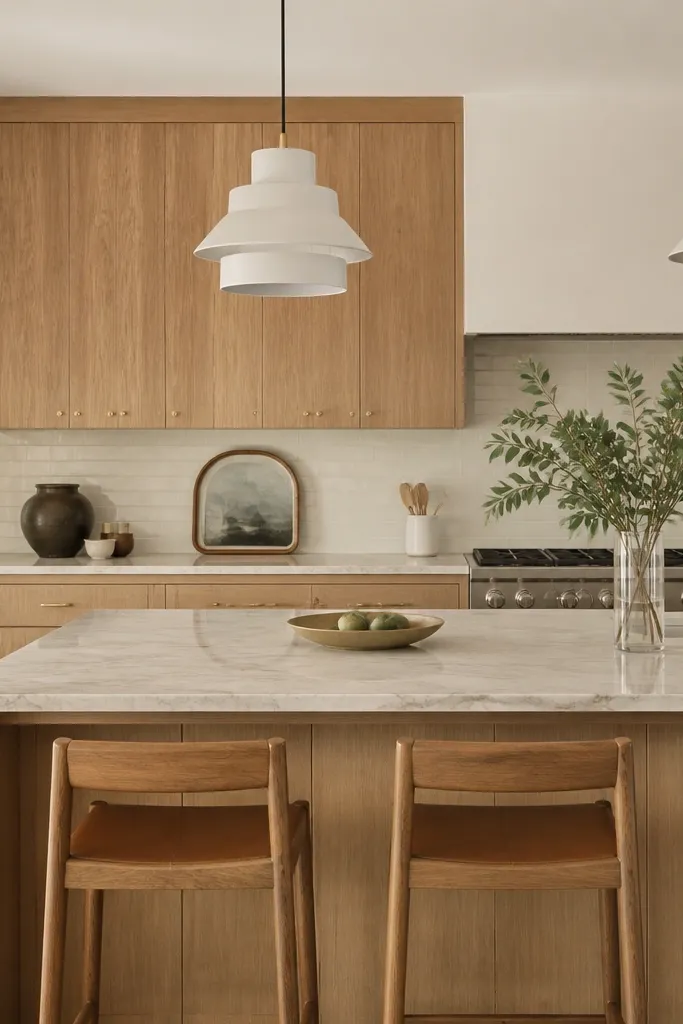 Quarter sawn white oak cabinets with neutral clear finish, warm white ceiling, and layered pendant lights over an island. A soft cream backsplash runs behind the cabinets.