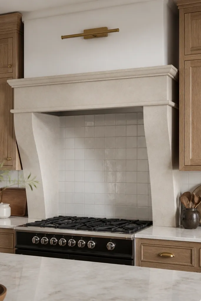 Quarter sawn white oak cabinets frame a light stone hood surround. The backsplash is white and the hardware is satin brass. The grain lines are visible across the hood trim and cabinet doors.