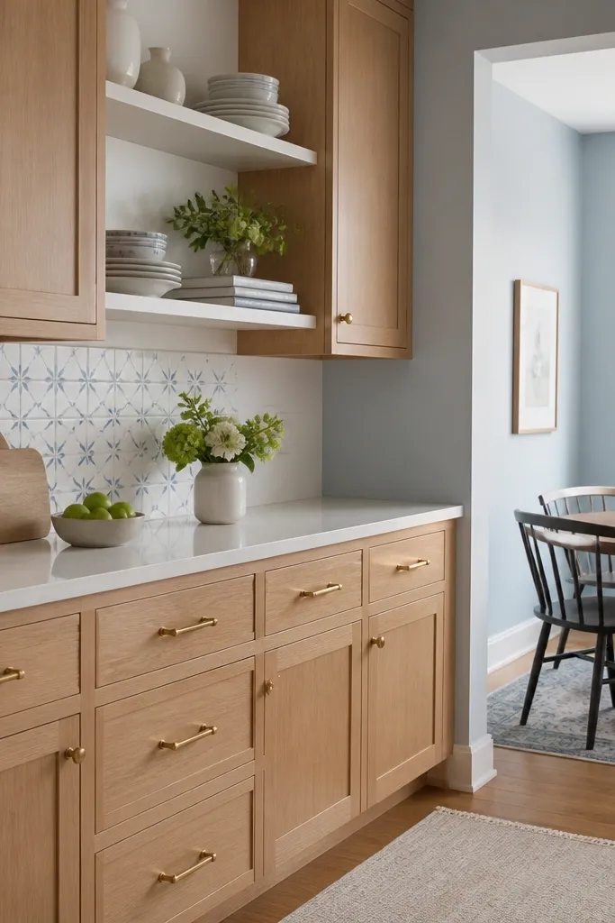Quarter sawn white oak cabinets in a neutral finish, pale blue walls near the dining nook, brass cabinet pulls, and white ceramic open shelving. The backsplash is white with light blue accents.