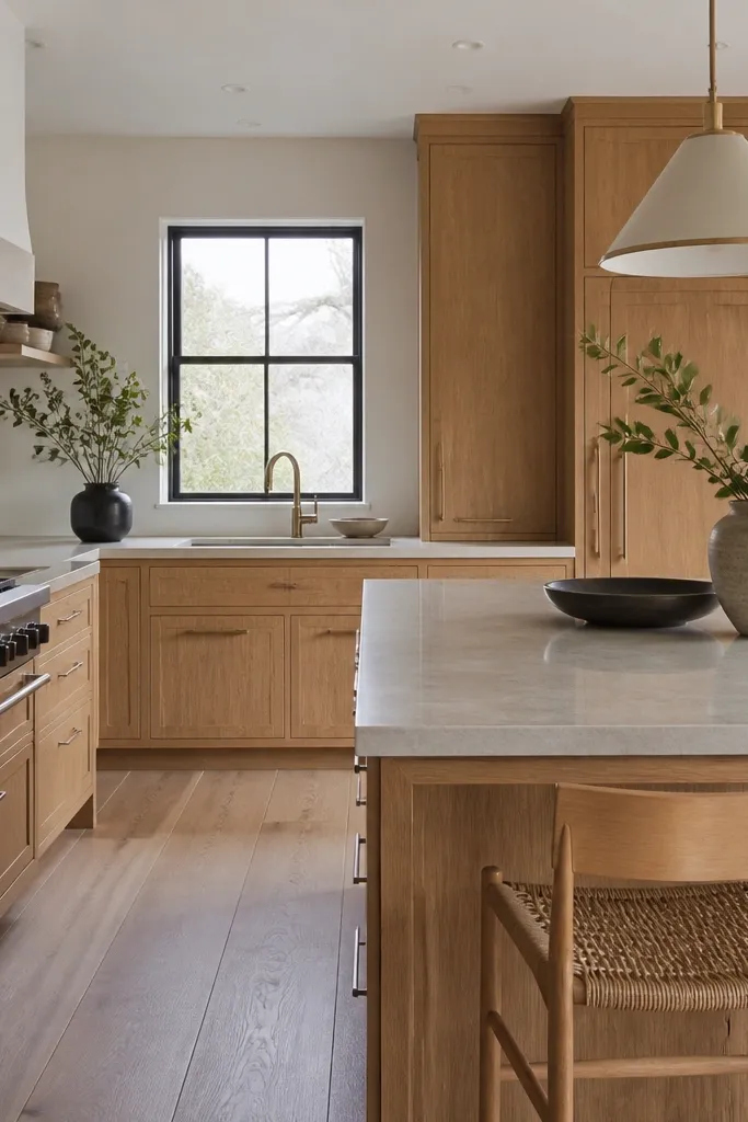 Perimeter cabinets are quarter sawn white oak with satin clear finish, and the dining island has matching oak panels with a light stone countertop. There are matching bar pulls and a pendant light over the island.