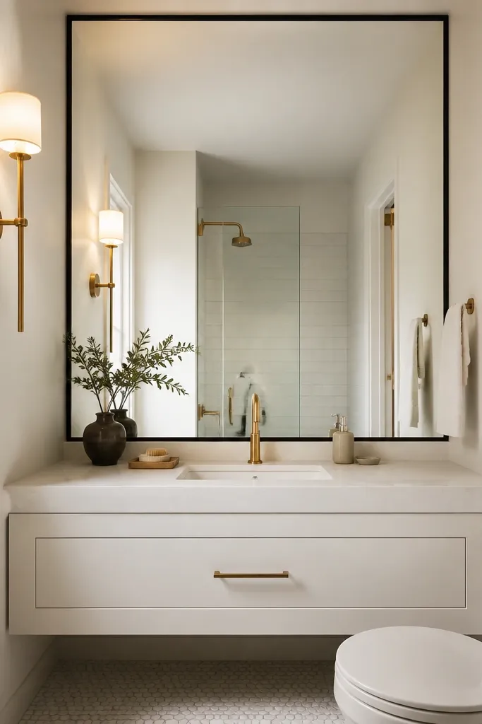 A small full bathroom with a wide mirror that runs from near the countertop up close to the ceiling, framed in thin matte black. The sink vanity is white with a single drawer, and the wall around the mirror is painted a soft warm white. A small brass sconce sits on the left wall, reflected in the mirror.