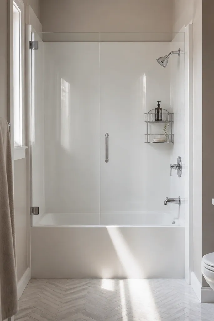 A tight bathroom with a white one-piece tub surround that looks smooth and glossy, with no visible seams besides the corners. The walls around the tub are a pale greige, and a small chrome shower caddy sits inside the tub alcove. A clear glass shower door reflects light across the floor.