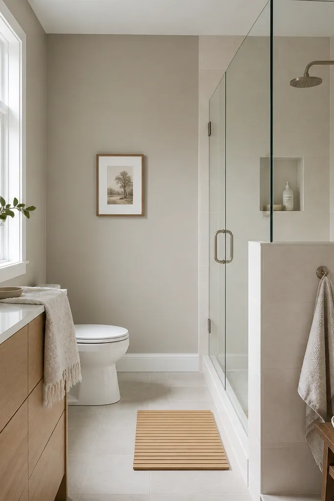 A small bathroom painted with a bright white ceiling and warm greige walls. The trim is crisp white. There's a frameless glass shower and a light wood bath mat. A small framed print is hung at eye level near the toilet.