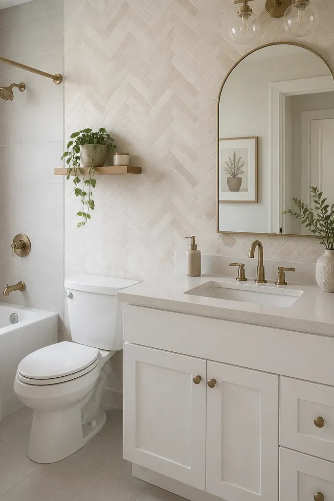 A compact full bathroom with a peel-and-stick tile backsplash or accent wall behind the sink. The tile is a light stone look with a subtle herringbone pattern in warm ivory and soft taupe. The floor is simple light gray, and a white vanity keeps it airy.