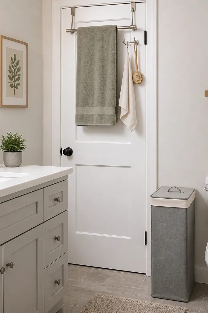 A small bathroom door with a mounted over-the-door towel bar and hooks. A slim hamper sits next to the toilet with a fabric top and a neutral gray liner. The vanity counter is clear, with only a soap dispenser and a small plant.
