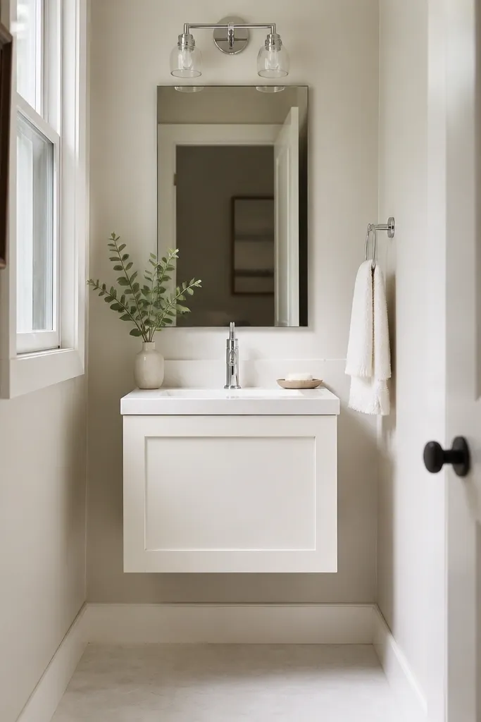 A small bathroom with a floating vanity in warm white, about 22 inches wide, with a single integrated sink. The wall below the vanity is visible, and the floor looks brighter. A rectangular undermount mirror hangs above, and a chrome faucet matches the light fixture.