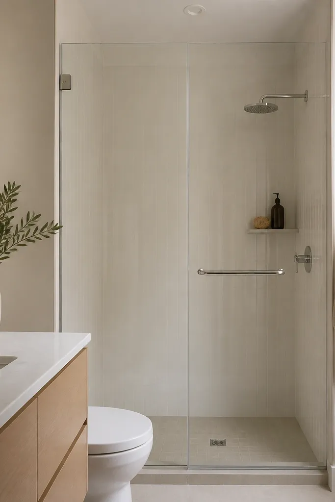 A compact bathroom with a frameless clear glass shower door and minimal metal edges. The shower has a simple chrome bar handle and a small wall-mounted shelf. The wall color is light and the floor is a neutral matte tile.