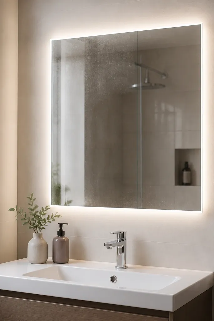 A small bathroom with a rectangular LED backlit mirror above a white sink. The mirror glows evenly around the edges, and there's a faint anti-fog effect after a shower. The walls are light, and a simple towel ring sits beside the sink.