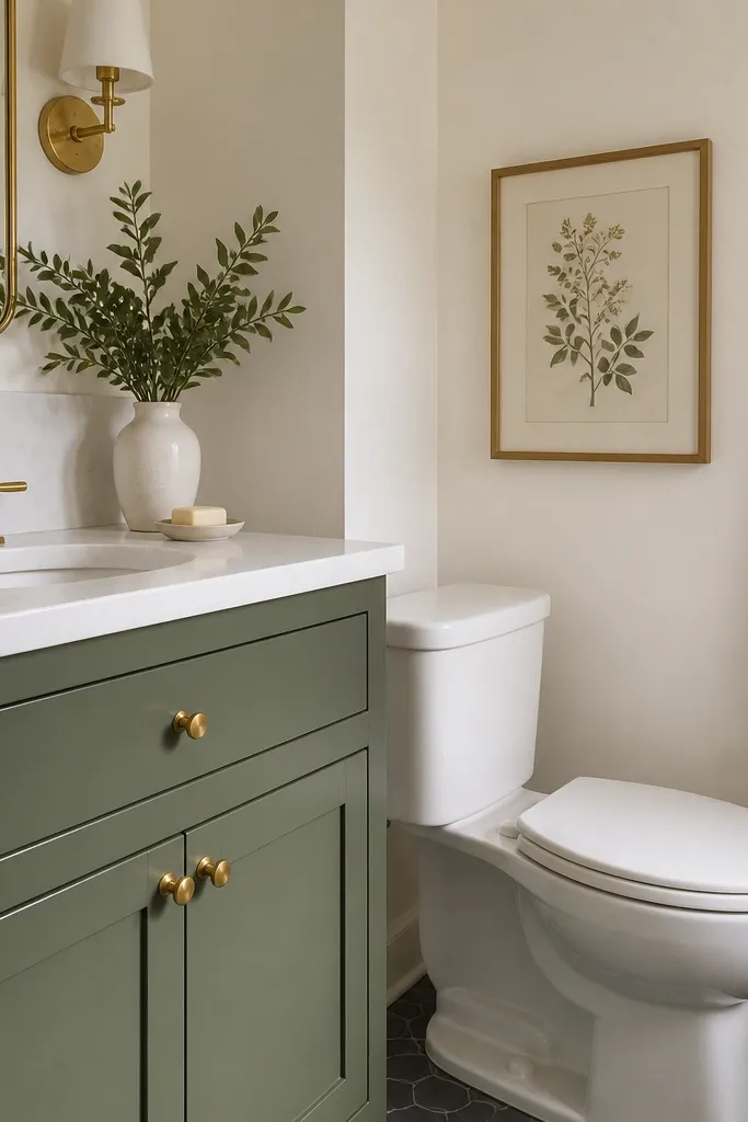 A small bathroom with a white countertop and a vanity where the cabinet doors are painted a deep sage green. Hardware is brushed brass. The wall is a soft warm white, and there's a small framed botanical print above the toilet.