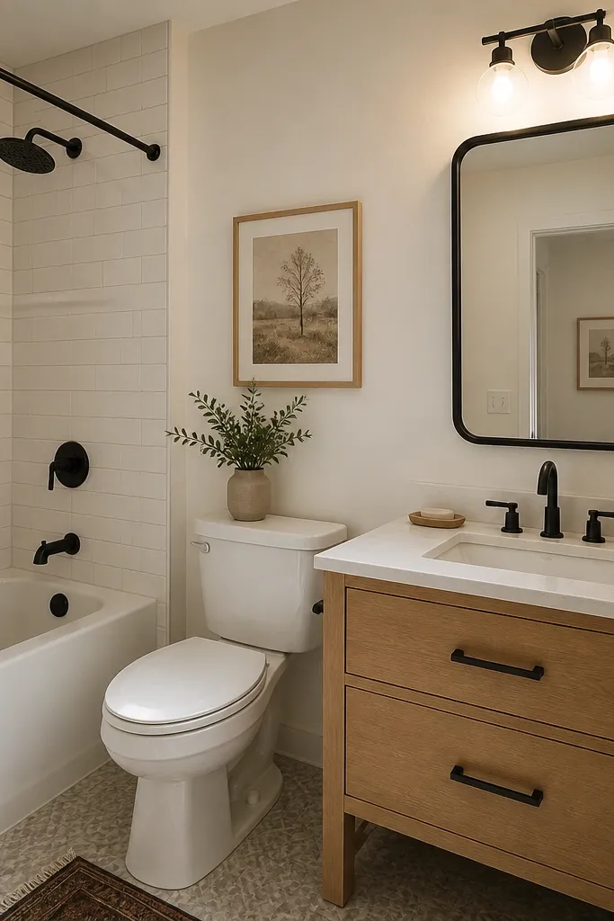 A compact full bathroom with matte black faucet, drain cover, and towel bar. The walls are warm white, and the light fixture above the mirror is a warm bulb. A small black-framed mirror and black hardware on the vanity drawer match.