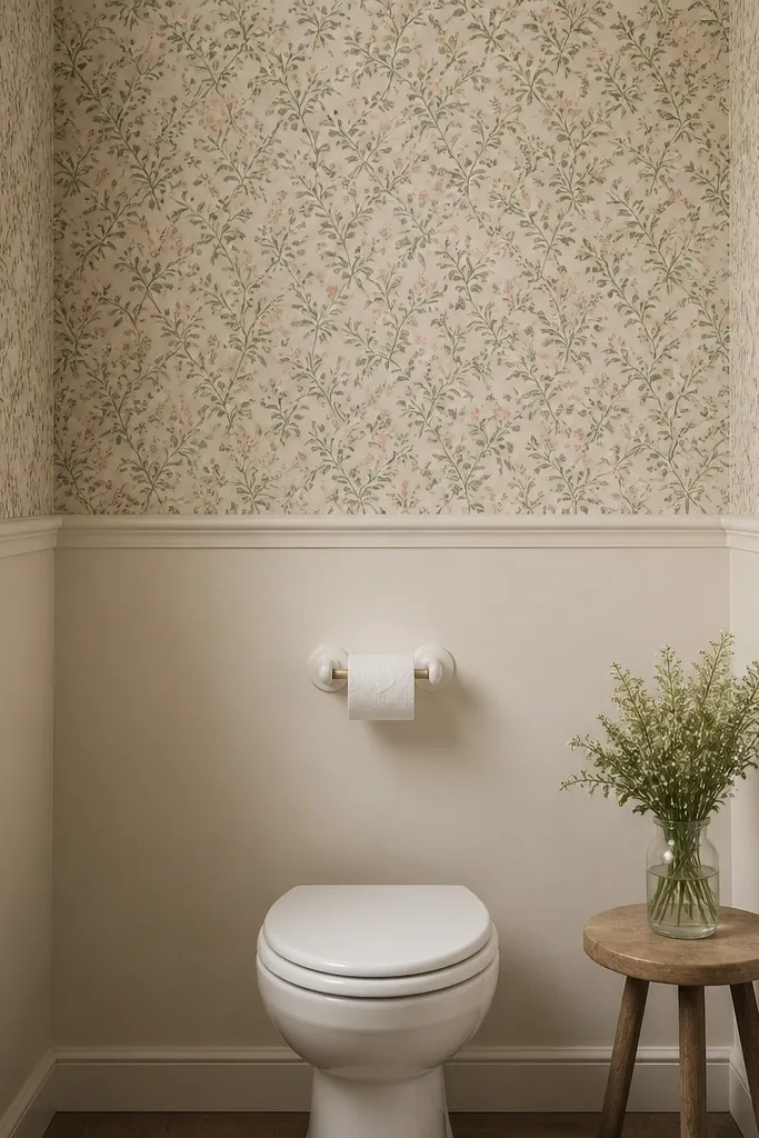 A small bathroom where only the upper half of the wall behind the toilet has peel-and-stick wallpaper. The pattern is small-scale botanical in muted sage, blush, and cream. The lower half is painted in a soft cream, and a simple white toilet paper holder sits centered.
