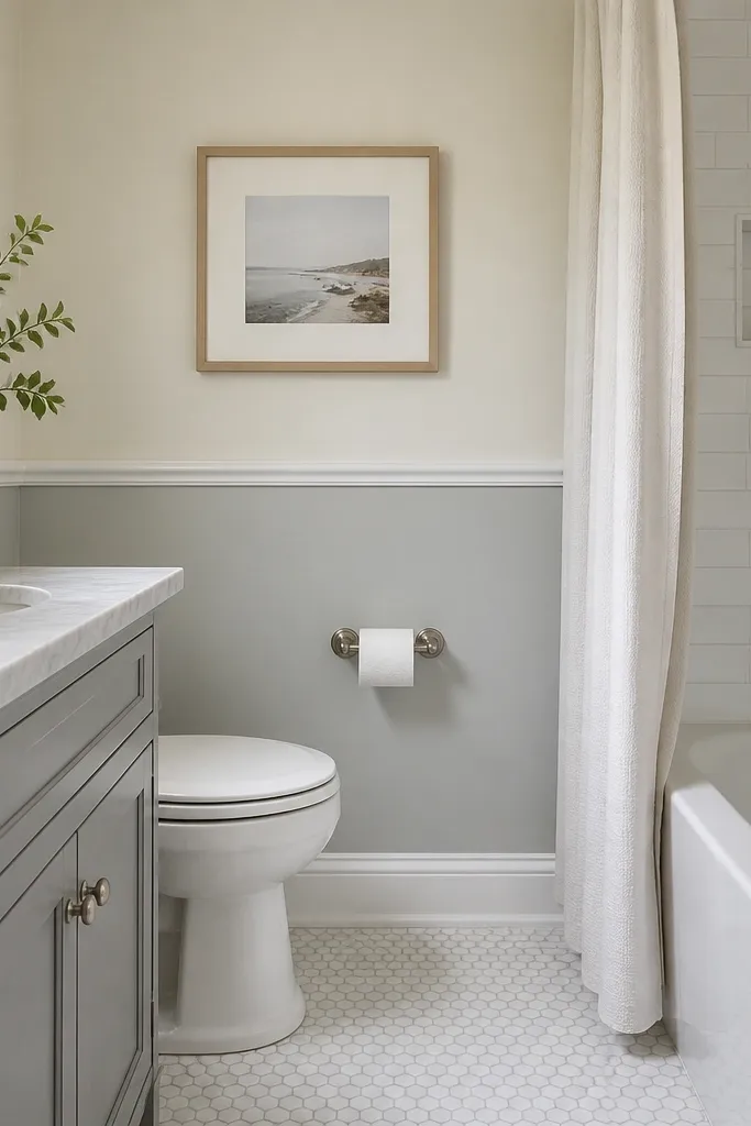 A small full bathroom with a painted wainscoting look: a vinyl chair rail runs horizontally at about 36 inches. The upper wall is a pale warm white, and the lower section is painted a soft light gray. The trim is bright white and the toilet paper holder is brushed nickel.