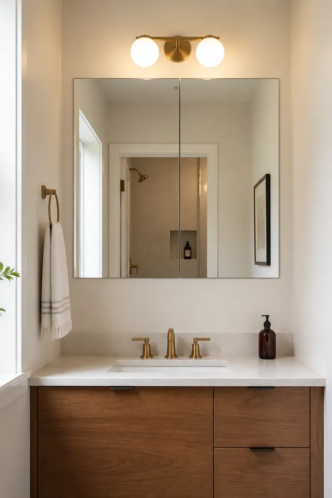 A small bathroom with a recessed mirrored medicine cabinet above the sink. The cabinet doors are flush with the wall, and there's no visible frame protruding. The mirror reflects the vanity light, and the counter stays mostly empty.