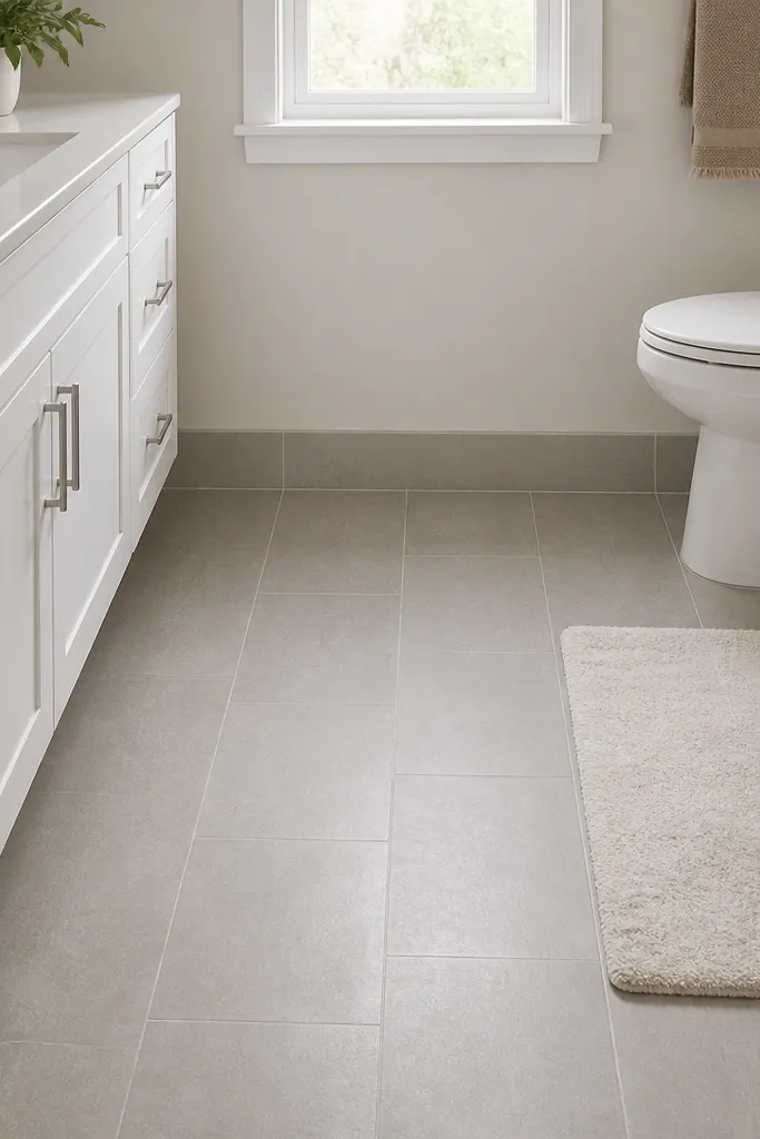 A small bathroom floor with matte warm gray ceramic tiles in a 12x24 or similar elongated format. Grout lines are light and thin, and the floor transitions cleanly into the wall edge. A white vanity and light bath mat make the floor look brighter.