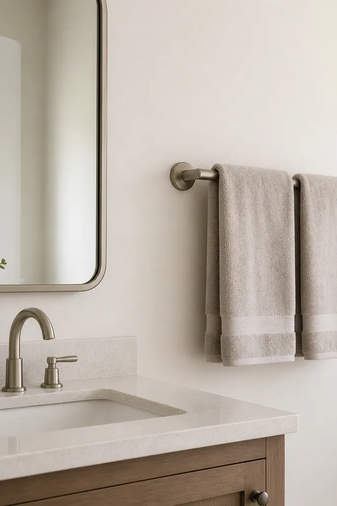 A compact bathroom with one horizontal towel rail mounted beside the sink, holding two neatly folded towels. The rail is brushed nickel and matches the faucet and mirror frame. The wall around it is plain warm white, and the counter is clear.