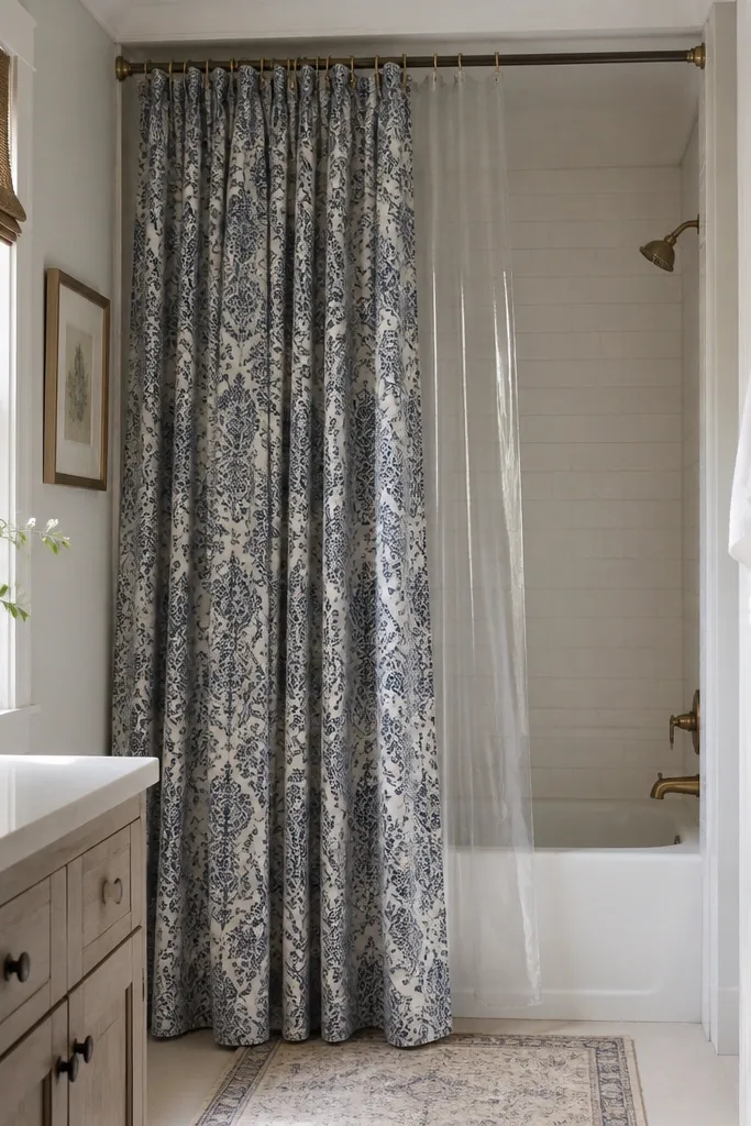A small bathroom with a shower curtain set: a floor-length outer curtain in muted navy and cream pattern, paired with a clear liner. The curtain rod is mounted closer to the ceiling than usual, and the curtain skims the floor. A small rug sits outside the tub.
