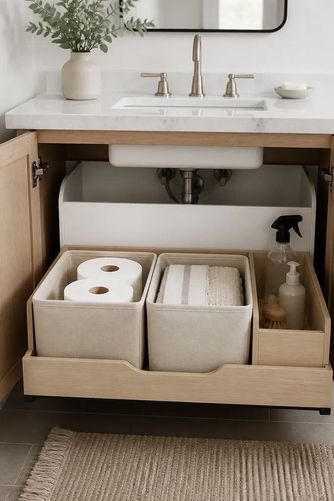 A small bathroom vanity with the doors open to reveal a pull-out under-sink organizer. There are two labeled bins in neutral tones and a separate compartment for cleaning supplies. The sink plumbing is neatly contained with a white splash guard.