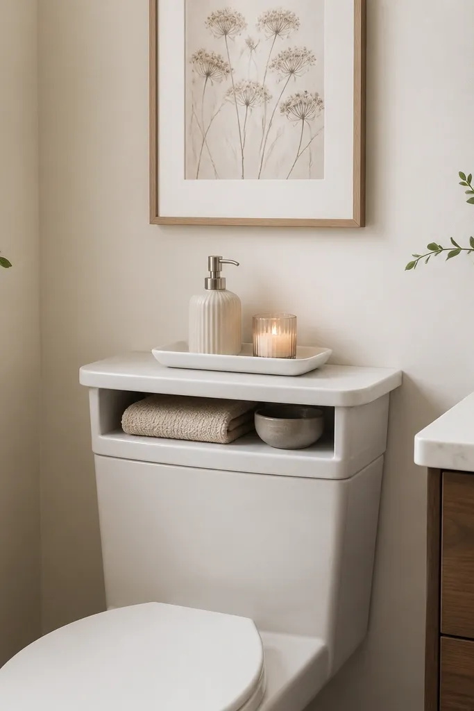 A small bathroom with a toilet tank cover that has a flat top and a small shelf beneath. On top sits a white ceramic tray with a soap dispenser and a small candle. The wall is light, and a simple framed print hangs above the toilet.