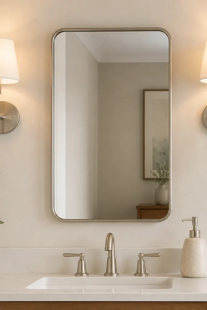 A small bathroom mirror with two wall sconces on either side. The fixtures have white shades and brushed nickel hardware. The light is warm and evenly spread, and the mirror reflection shows soft glow on the walls. The vanity counter is minimal with a single soap dispenser.