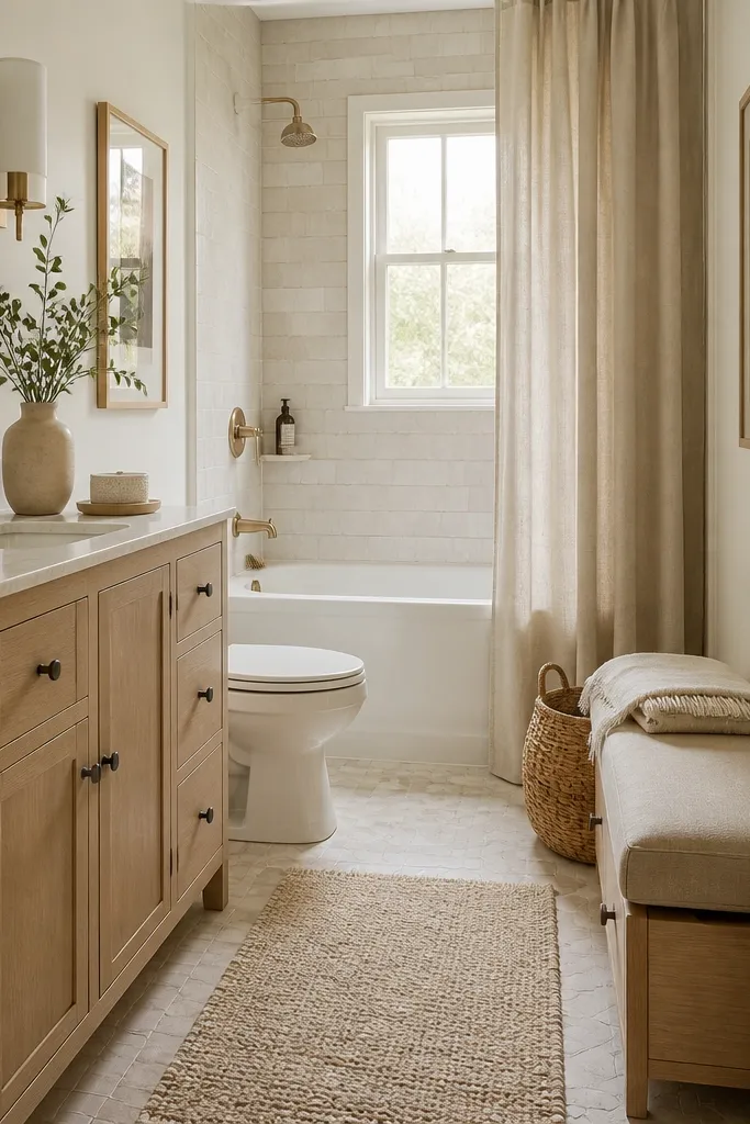 A small full bathroom with a narrow bench near the wall next to the vanity. The bench has a fabric seat and a hidden storage drawer underneath. A folded linen throw sits on top, and a small wicker basket is nearby. The bathroom has light wood tones and a simple rug.