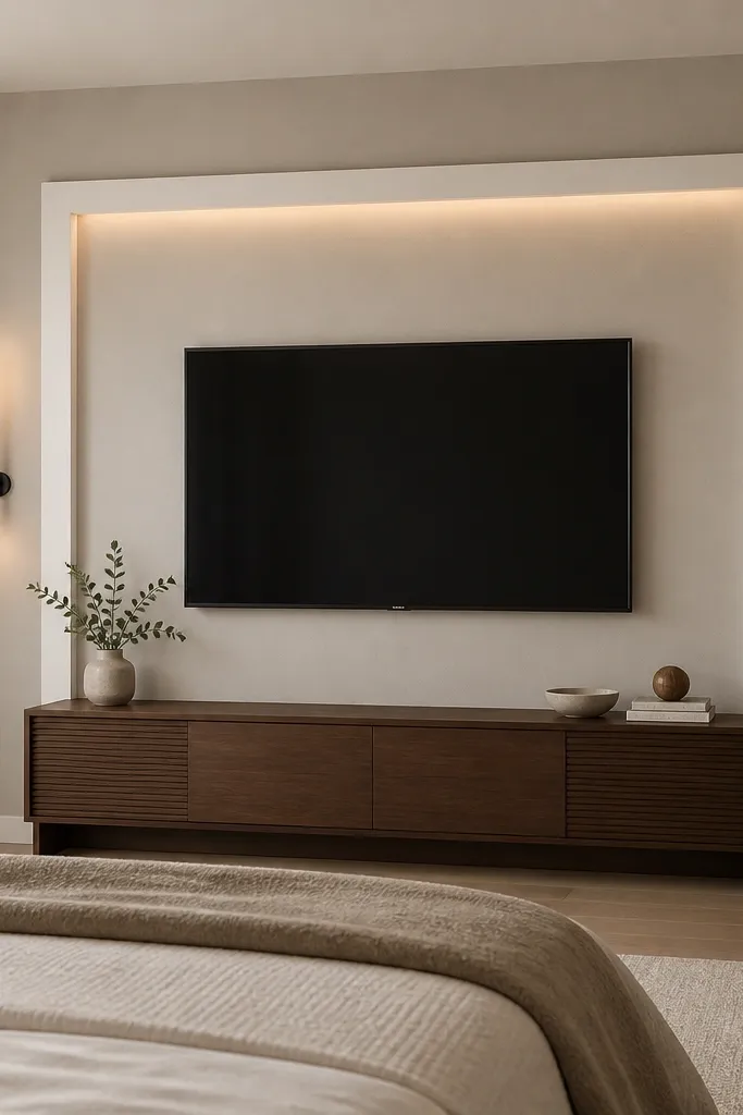 A bedroom back wall with a TV centered inside a rectangular frame made of flat white MDF trim. The frame has a thin inner reveal. Warm LED light glows along the inside top edge, and a low walnut media console sits beneath the TV. Two slim black sconces flank the console, and the wall paint is a soft eggshell greige.
