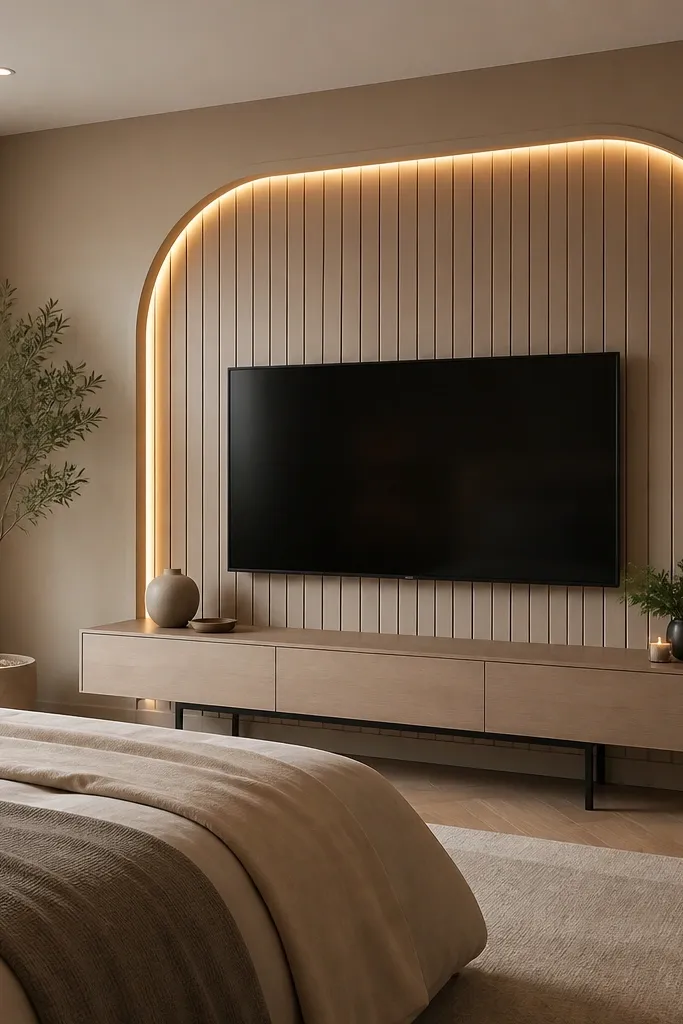 A modern bedroom back wall where the TV sits inside a rounded-arch panel. The arch is made from painted MDF slats with a smooth matte finish. Below, a floating console with black metal legs holds the TV. Warm LED strips line the inside perimeter of the arch, and the wall color is a soft warm taupe.