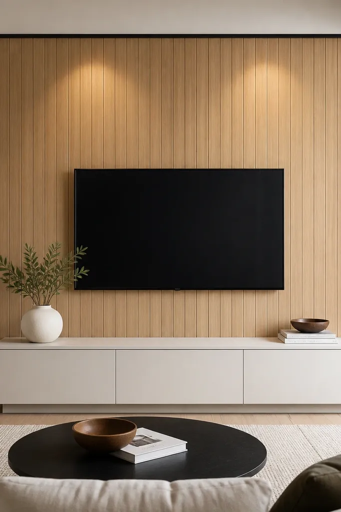 A TV wall with vertical tongue-and-groove wood paneling in light oak behind the television. The paneling has a clear matte finish. The TV is centered, and a simple white media console sits beneath. A thin black picture rail trim frames the panel area, and warm recessed lighting is reflected softly on the wood.