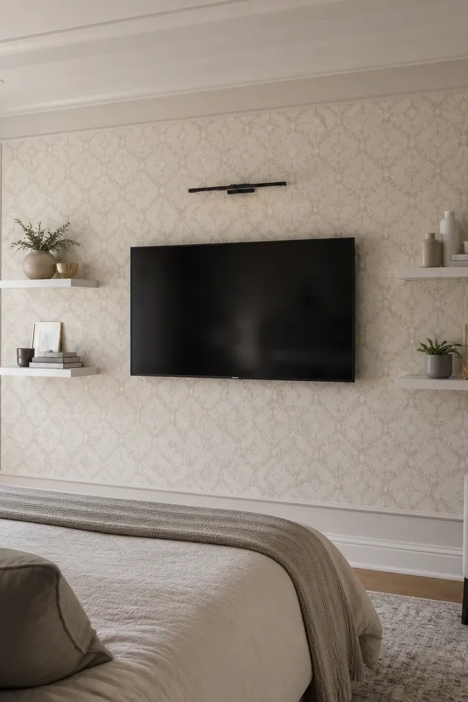 A bedroom back wall where a wallpaper panel with a subtle geometric medallion pattern frames the TV. The TV sits centered on the wallpaper, and two thin floating shelves on each side hold small decor. The wallpaper is a muted cream with taupe pattern. The shelves are white, and there's a slim black picture light above the TV.